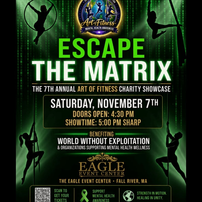 A promotional flyer for the "Escape the Matrix" charity showcase features green text and silhouettes of acrobats in the foreground against a background of falling digital code.