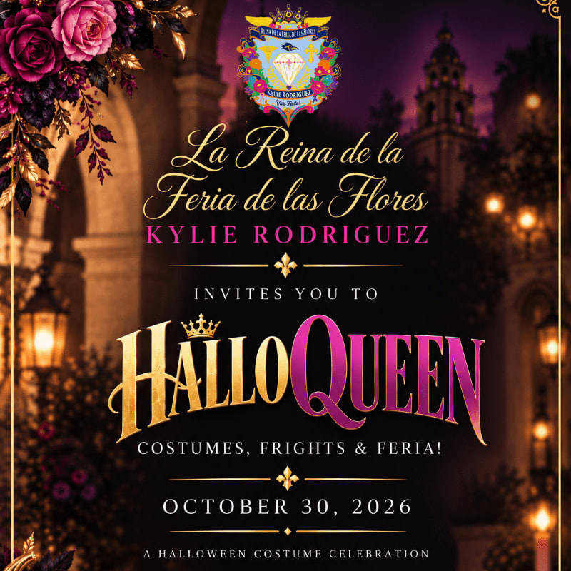 An invitation for "HalloQueen" featuring elegant gold and purple text in the foreground, set against a blurred background of a moonlit European-style street with glowing lanterns and floral accents.