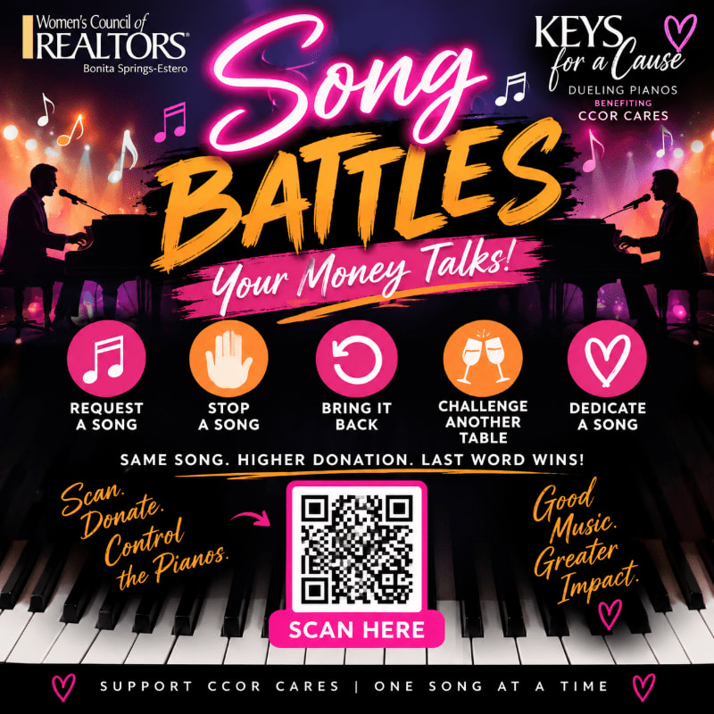 A promotional flyer for "Song Battles" features two pianists in the background and a QR code with interaction options in the foreground.