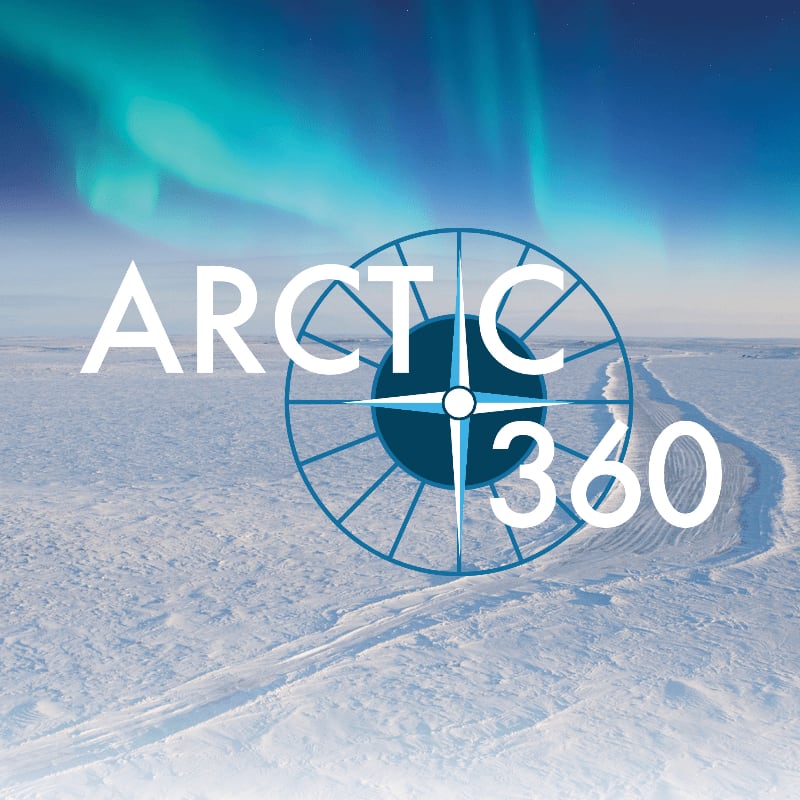 A white "ARCTIC 360" logo with a blue compass graphic is centered over a snowy landscape under a vibrant green aurora borealis sky.