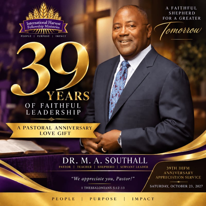 A smiling man in a dark suit stands in the foreground against a blurred church interior background, accompanied by large gold text celebrating 39 years of leadership.