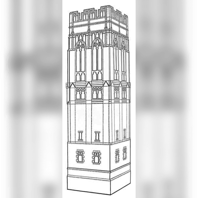 A black and white line drawing of a gothic-style tower stands centered against a blurred, light gray background.