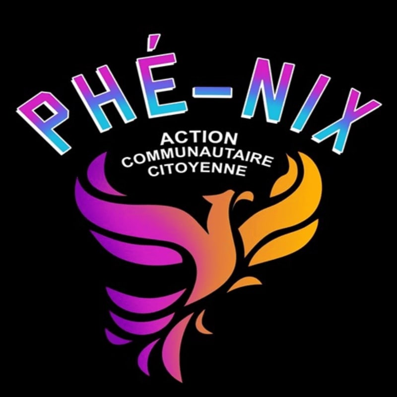 A colorful gradient phoenix and the text "PHÉ-NIX ACTION COMMUNAUTAIRE CITOYENNE" are centered against a solid black background.