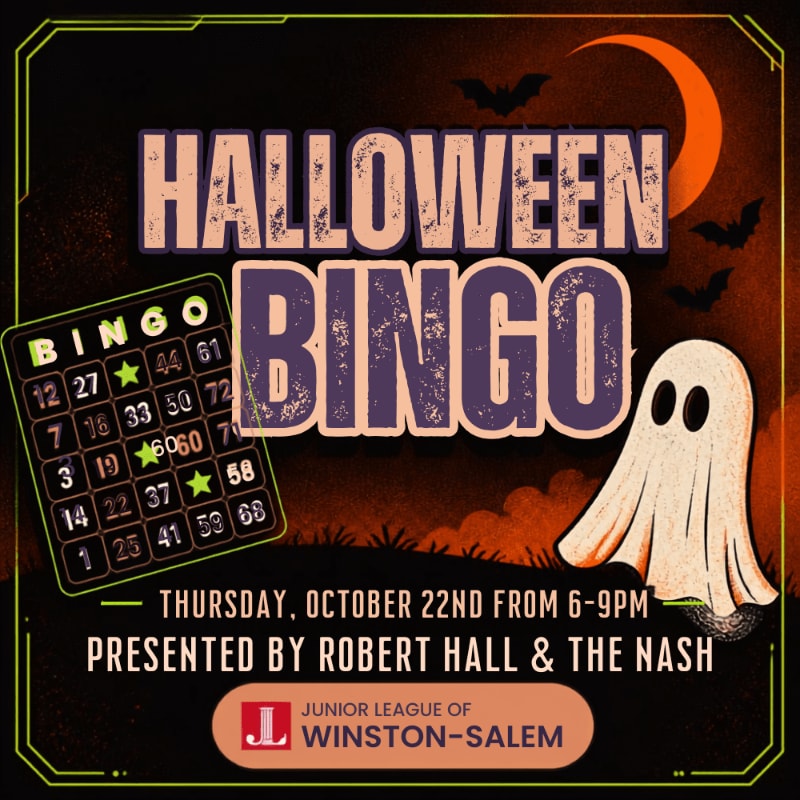 A ghost and a bingo card sit in the foreground of a Halloween Bingo advertisement set against a dark night sky with a crescent moon and bats.