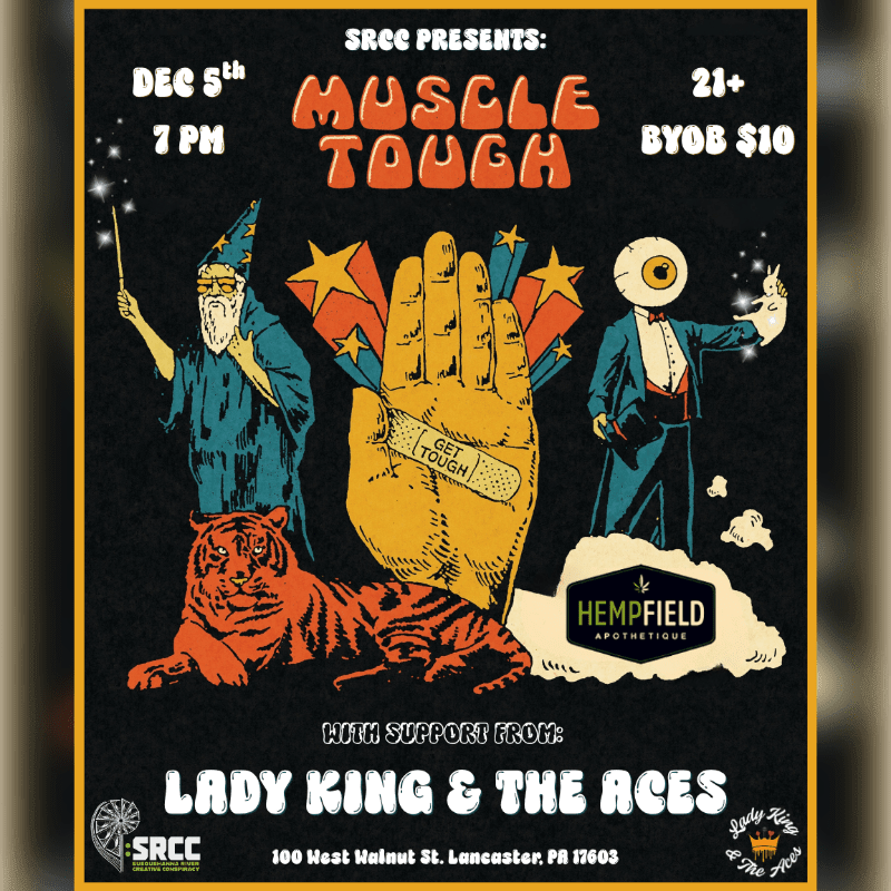 A wizard, a one-eyed man in a suit, and a tiger stand in the foreground against a black background featuring a large hand and event text.