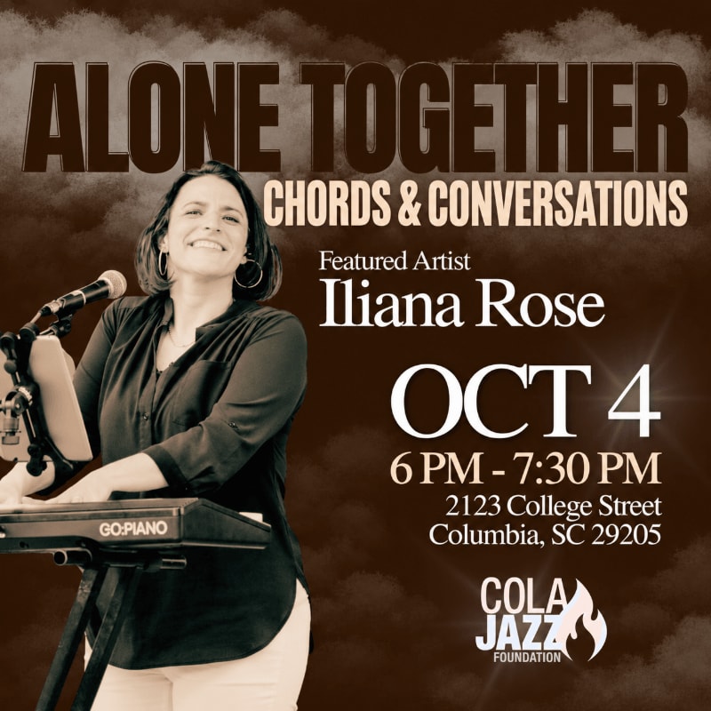 A smiling woman stands behind a keyboard in the foreground, set against a dark, cloudy background with event text for "Alone Together" featuring Iliana Rose.