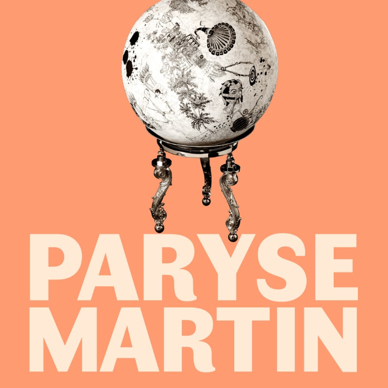 An illustrated globe resting on ornate silver legs is centered against a solid peach background with the text "PARYSE MARTIN" below it.