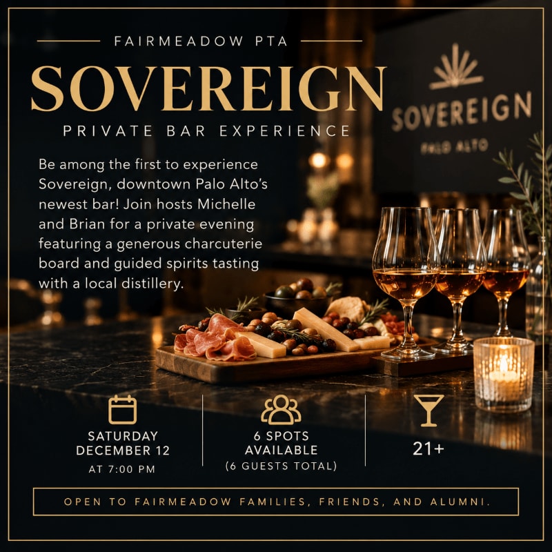 A charcuterie board and glasses of amber liquid sit in the foreground of a promotional flyer for a private bar experience at Sovereign, with a dimly lit bar interior in the background.