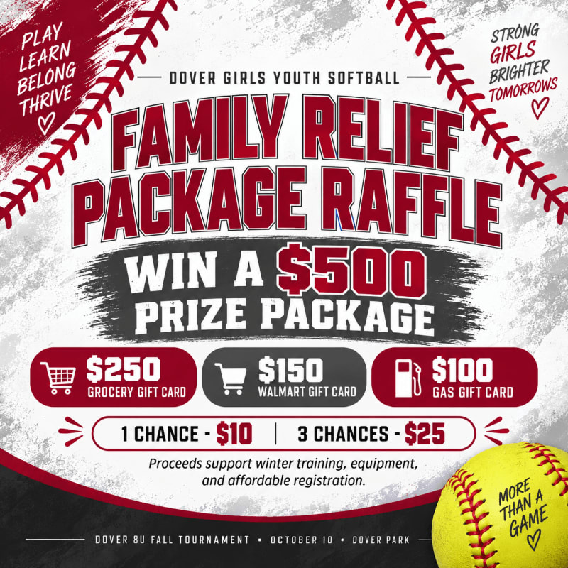 A red and white raffle flyer for a family relief package is framed by softball stitching and set against a textured grey and white background.