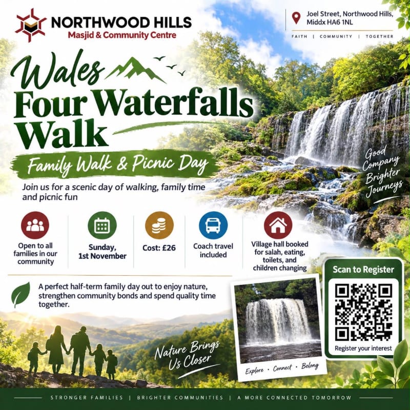 A promotional flyer for a "Wales Four Waterfalls Walk" features a large waterfall and lush greenery in the background with event details, a QR code, and a silhouette of a family in the foreground.