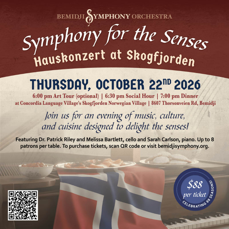 An event flyer for "Symphony for the Senses" features event details in the center and a foreground of food and a Norwegian flag resting on a piano.