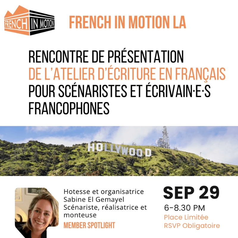 An event flyer features French text and a woman's portrait in the foreground, with a landscape of the Hollywood sign in the background.