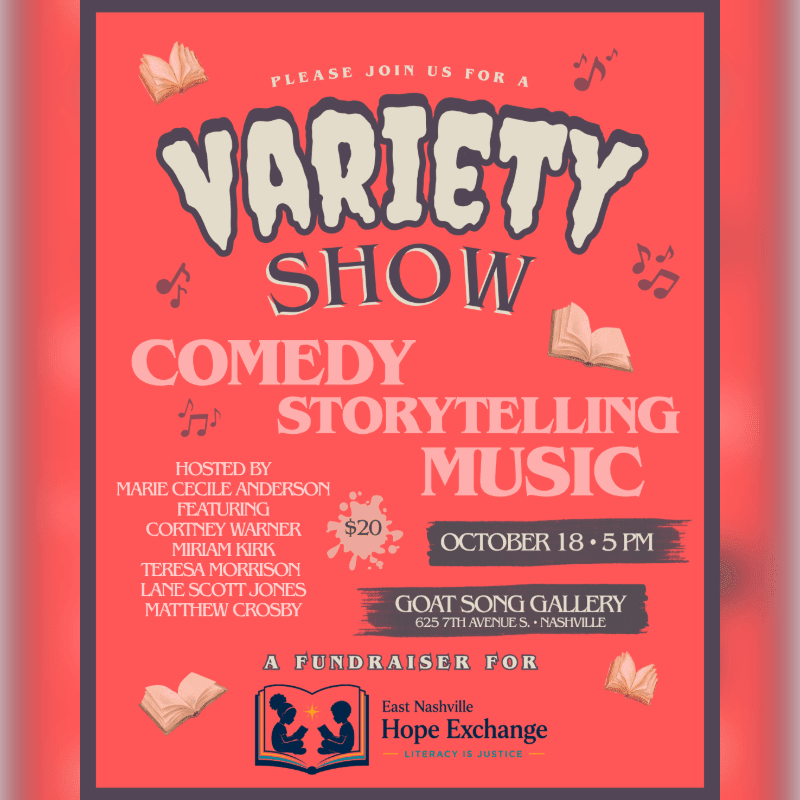 A red promotional flyer for a variety show featuring comedy, storytelling, and music is set against a matching red background.