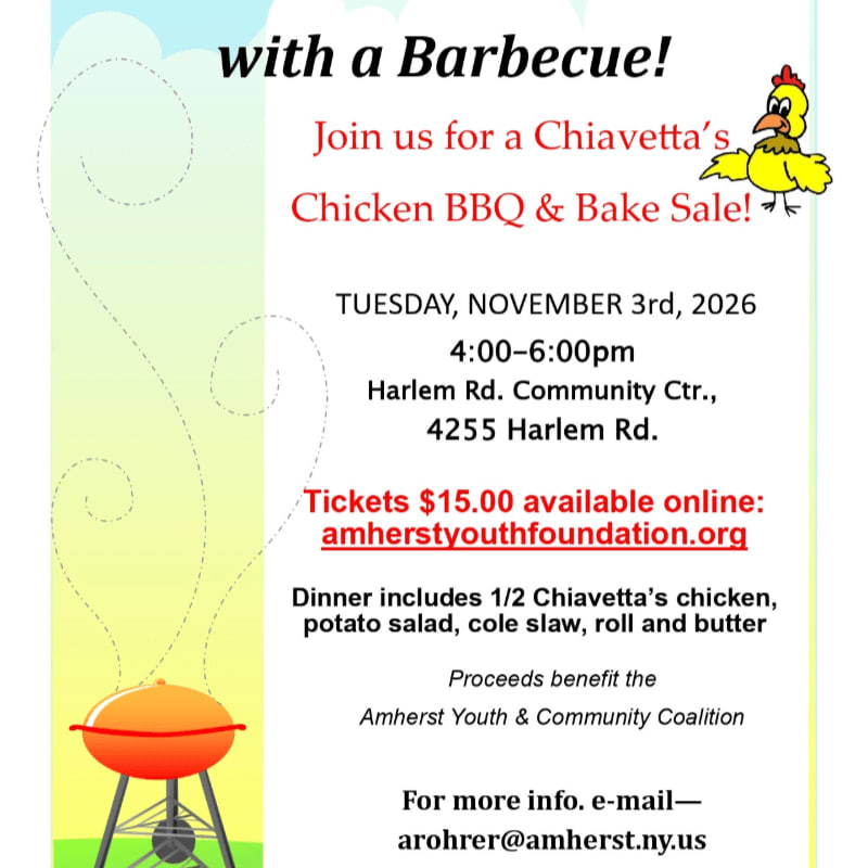 A promotional flyer for a chicken BBQ and bake sale features event details in the center, a cartoon chicken in the upper right, and a red grill in the bottom left against a light blue sky background.