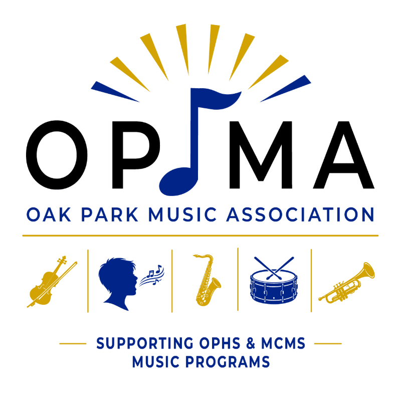 A logo for the Oak Park Music Association features the word "OPMA" with a musical note and sunburst in the foreground, set against a white background with various instrument icons and supporting text below.