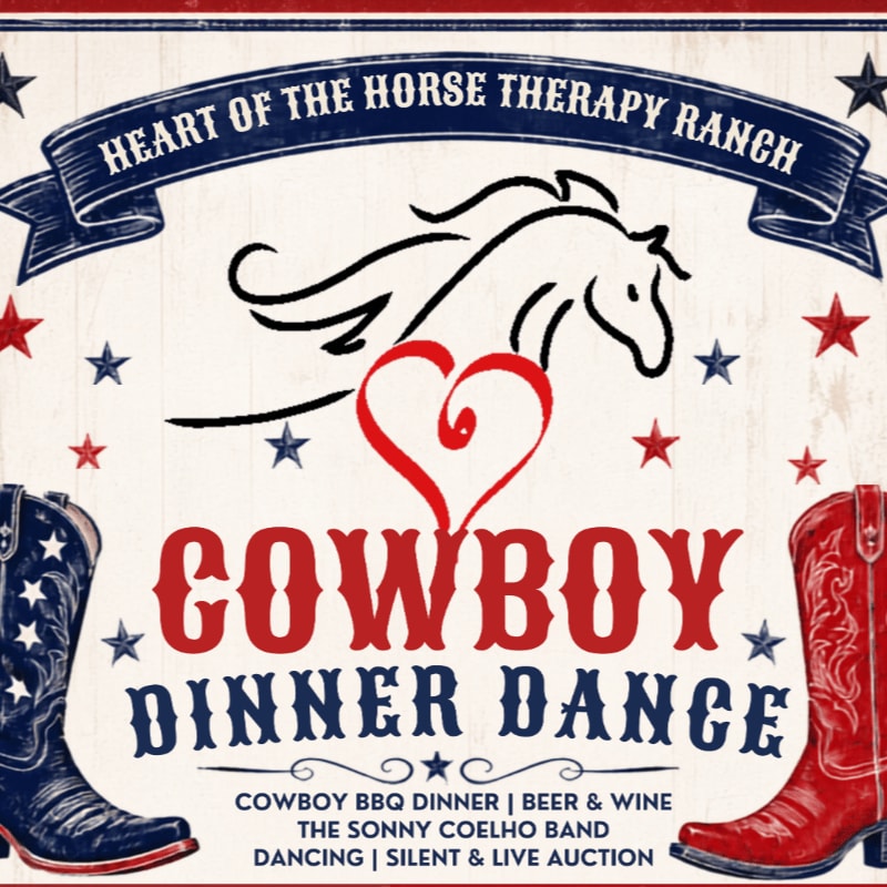 A promotional flyer for a "Cowboy Dinner Dance" features a horse silhouette and a red heart in the center, flanked by a blue and a red cowboy boot in the foreground against a white background decorated with stars.