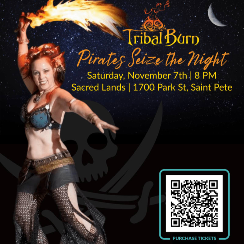 A fire dancer in pirate-themed attire stands in the foreground against a starry night background featuring a crescent moon, a skull and cross-swords graphic, and event text.