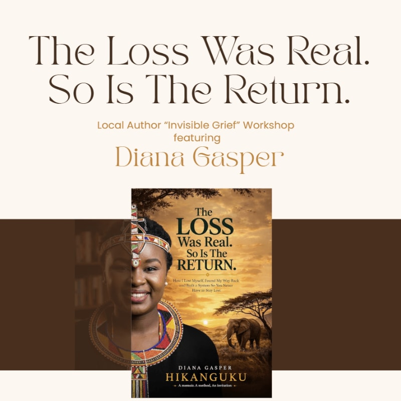 Text promoting a workshop by Diana Gasper is positioned above a book cover featuring a woman's portrait against a savanna background with an elephant.