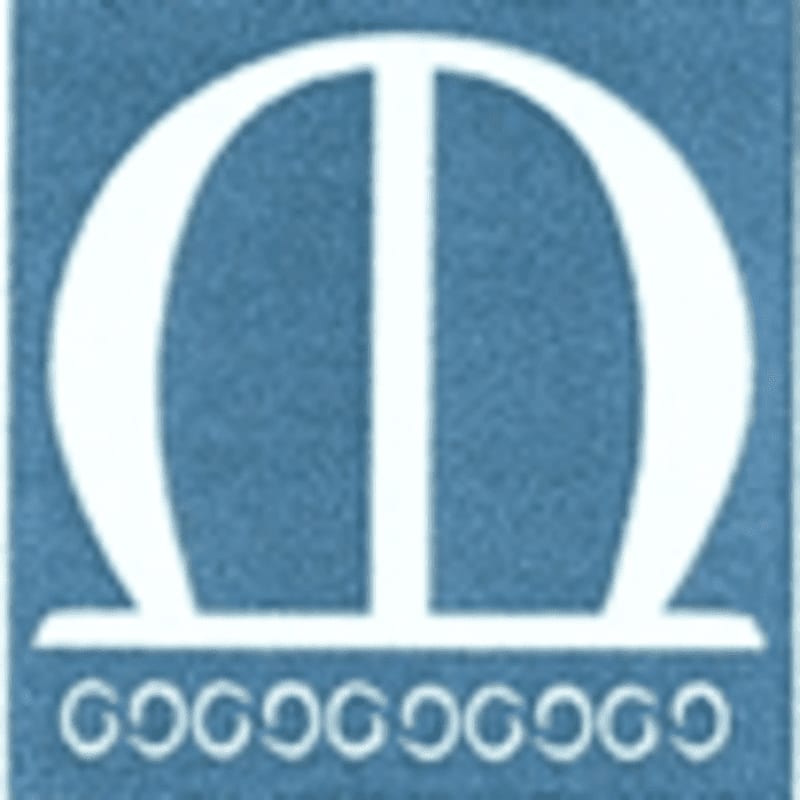A white symbol resembling an upside-down omega with a vertical line down the center sits on a blue background, with a row of small, decorative swirls below it.