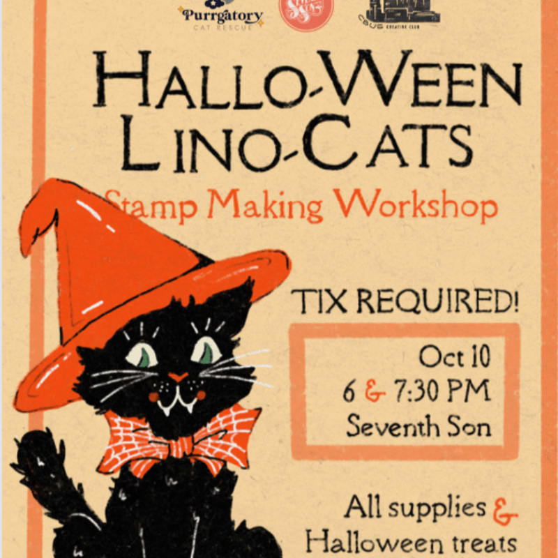 A black cat wearing an orange witch's hat and bow tie sits in the foreground against a tan background featuring text for a "Hallo-Ween Lino-Cats" stamp making workshop.