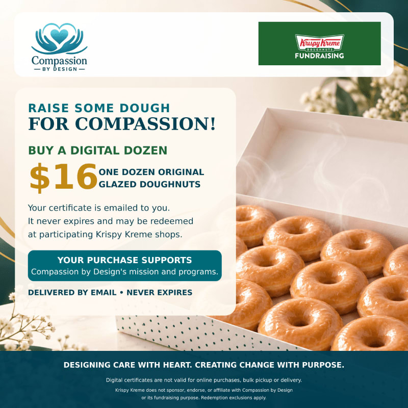 A white box of glazed donuts sits in the foreground against a soft, blurred floral background, accompanied by a promotional flyer for a Compassion by Design fundraiser.