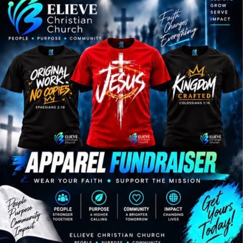Three t-shirts with religious slogans stand in the foreground against a misty, atmospheric background featuring crosses and a forest.