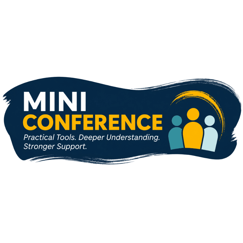 A dark blue brushstroke shape containing the text "MINI CONFERENCE" and a tagline, alongside three stylized human figures, set against a plain white background.