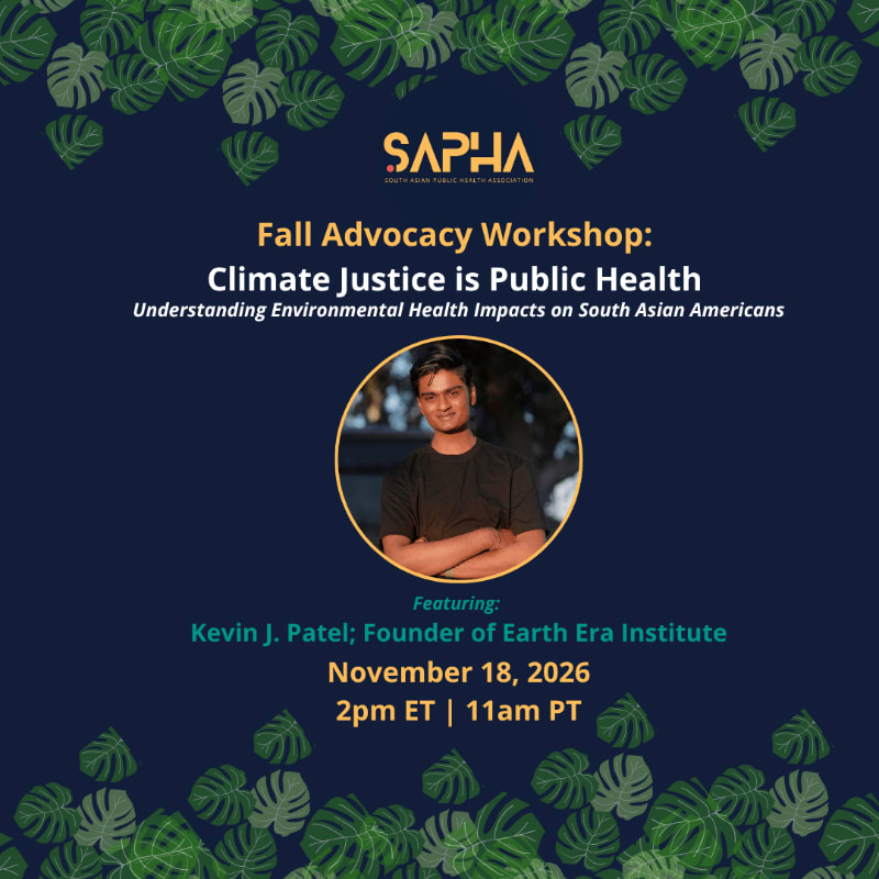 A circular portrait of Kevin J. Patel and event details for a climate justice workshop are centered on a dark blue background framed by green monstera leaves.