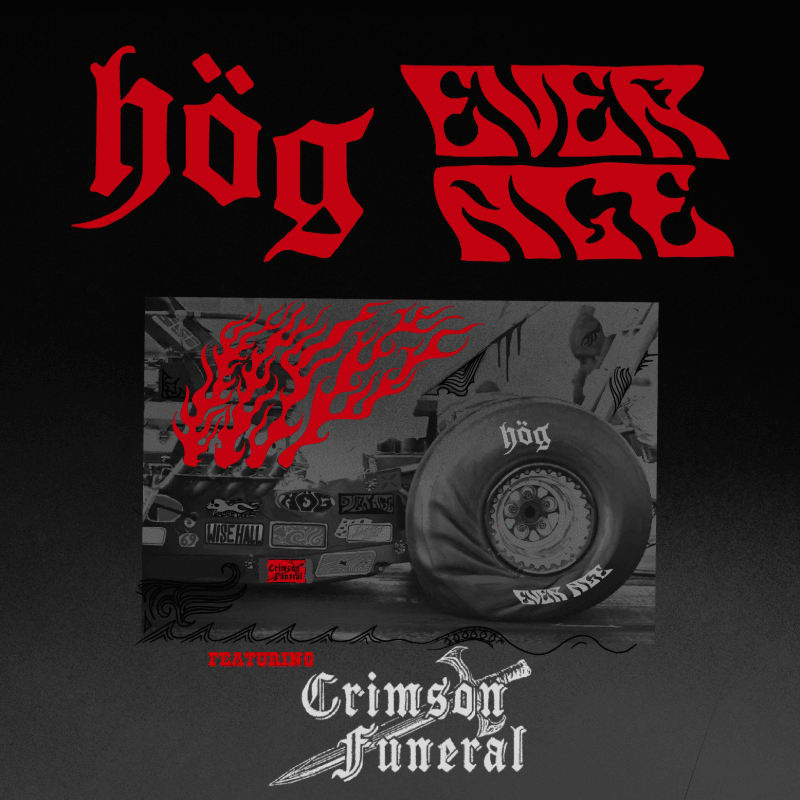 Red stylized text sits above a grayscale image of a large tire and a decorated car, with "Crimson Funeral" written in white gothic font below.
