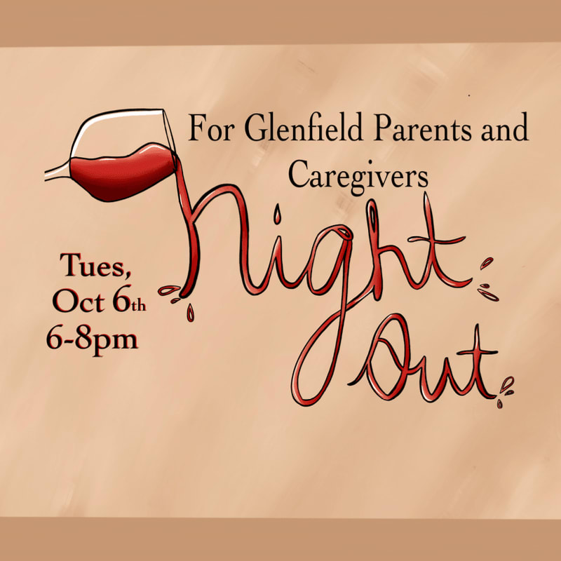 A wine glass pouring red liquid to form the words "Night Out" sits against a tan background with event details for Glenfield parents and caregivers.