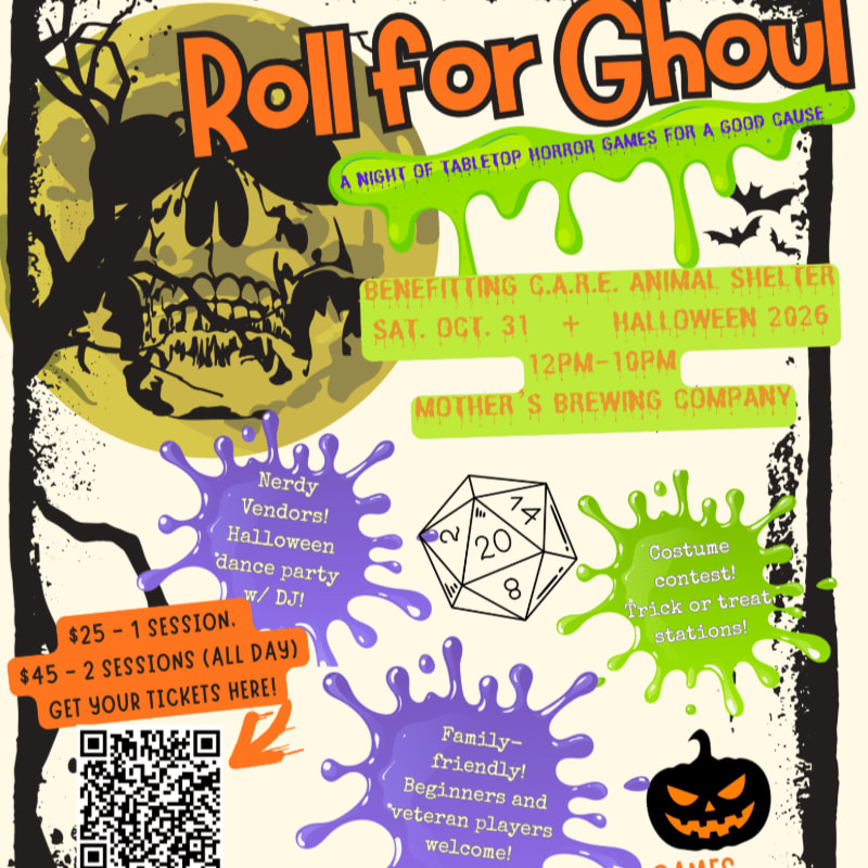 A colorful Halloween event flyer for "Roll for Ghoul" features a large skull and moon in the background with text, a 20-sided die, and purple and green paint splats in the foreground.
