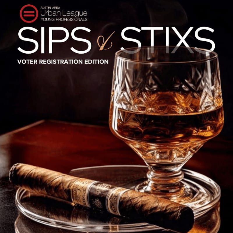 A cigar rests on a glass saucer in the foreground, with a crystal glass of amber liquid and dark, moody text in the background.