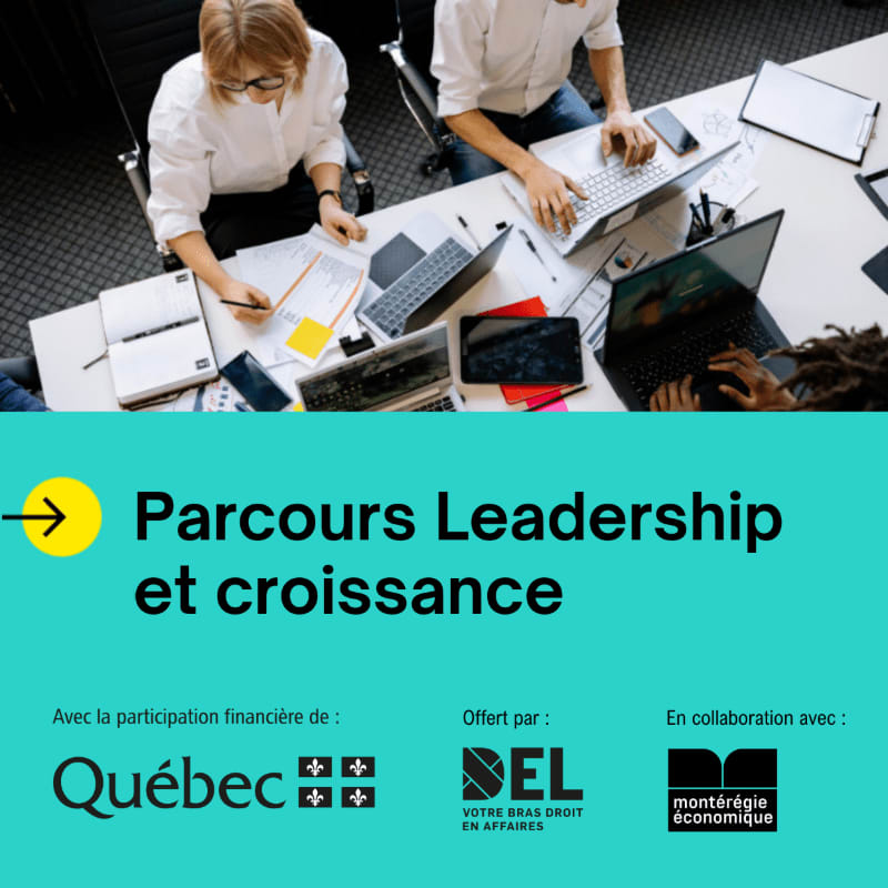 People work around a white table with laptops and notebooks in the top half, while the bottom half features a turquoise background with French text and logos.