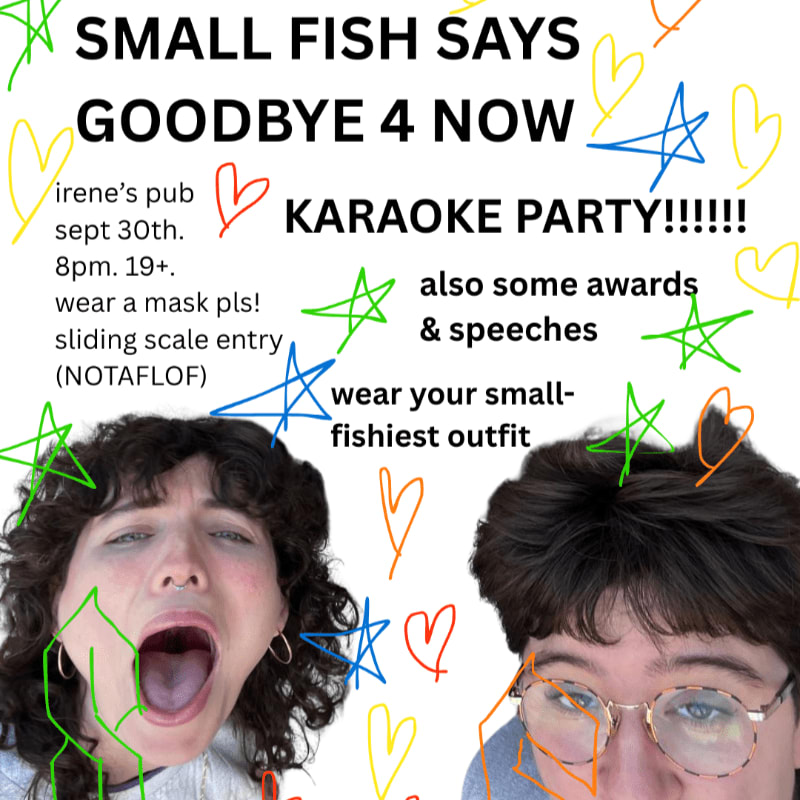 Two people with expressive faces are in the foreground of a white background filled with colorful hand-drawn stars, hearts, and text announcing a karaoke party.