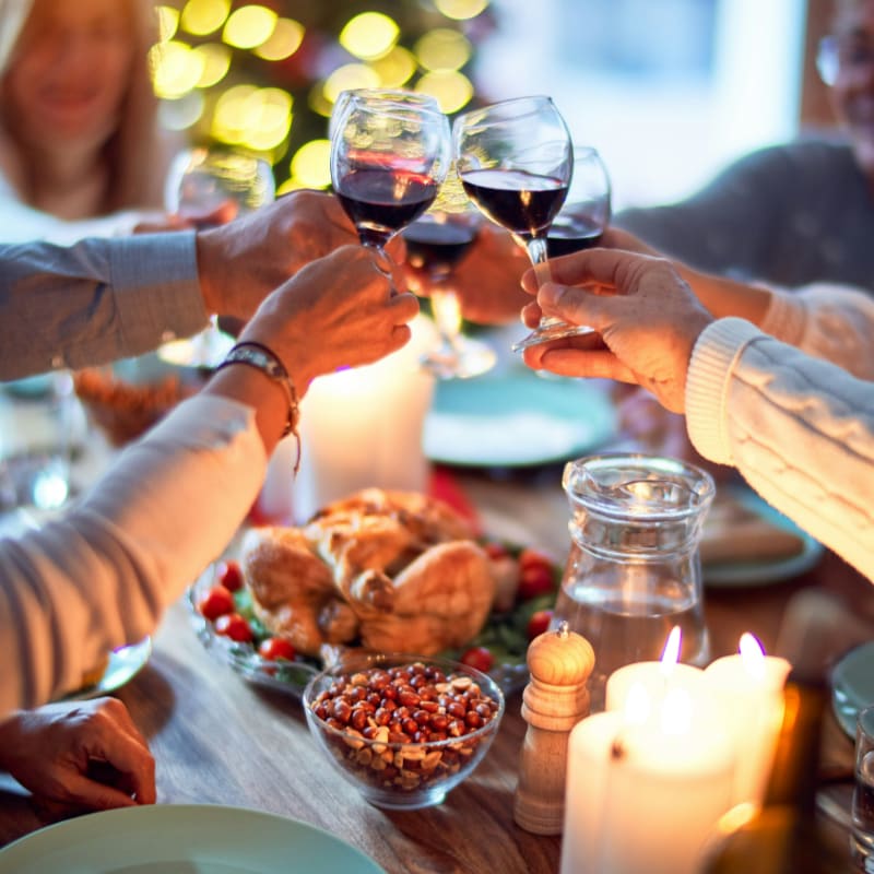 A group of people toasting with red wine glasses over a festive dinner table