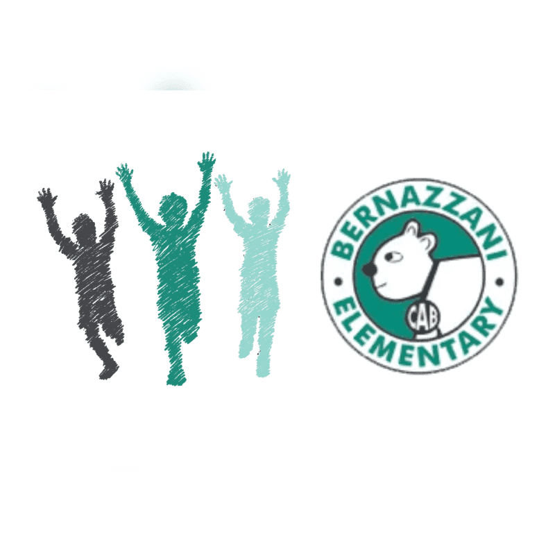 Three scribbled figures with arms raised run across a white background next to a circular logo for Bernazzani Elementary featuring a polar bear.