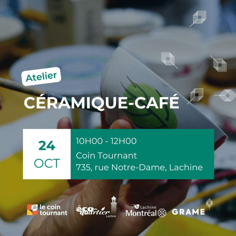 A promotional flyer for a ceramics workshop features a close-up of a hand painting a green design on a white ceramic piece in the foreground, with blurred pottery and art supplies in the background.