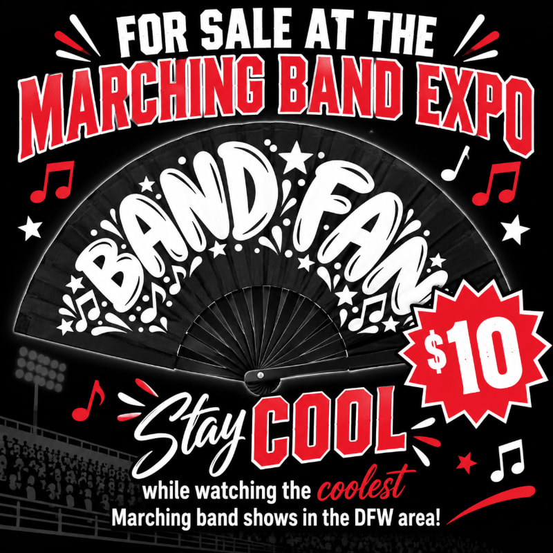 A black folding fan with "BAND FAN" written in white is centered against a black background featuring red and white promotional text for the Marching Band Expo.