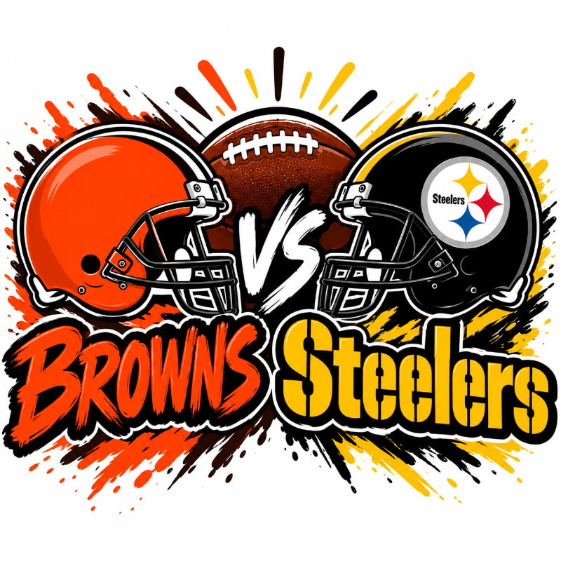 An orange Browns helmet and a black Steelers helmet face each other with a football and "VS" in the center, set against a splattered orange and yellow background.