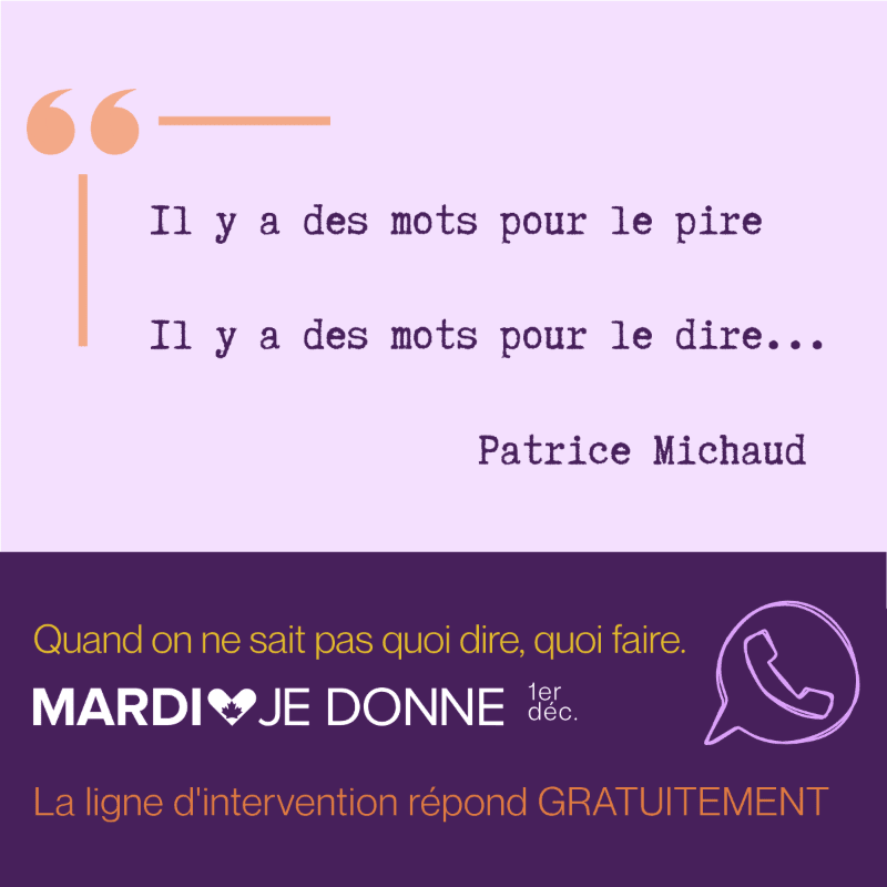 A French quote by Patrice Michaud is displayed in purple text on a light lavender background, above a dark purple footer containing a call to action and a telephone icon.