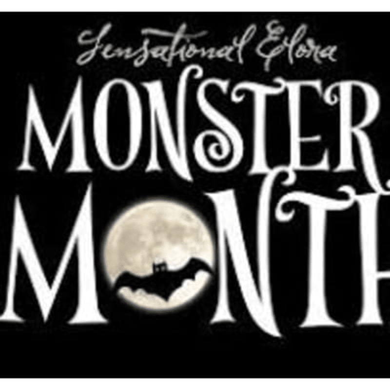 White text reading "Sensational Elora MONSTER MONTH" with a bat silhouette in front of a full moon fills the frame against a black background.