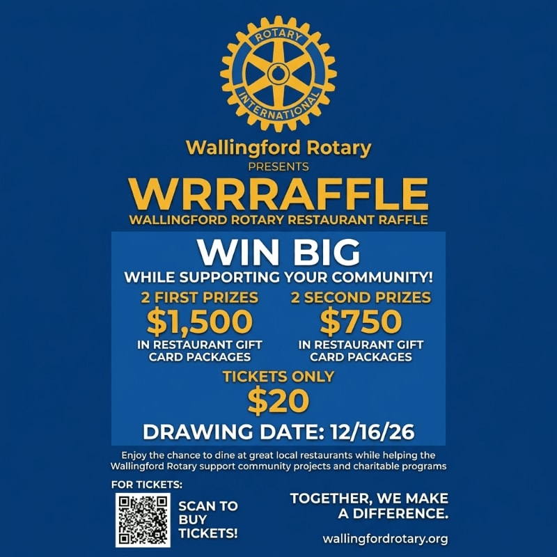 Yellow and white text advertising a restaurant raffle is centered over a solid dark blue background.