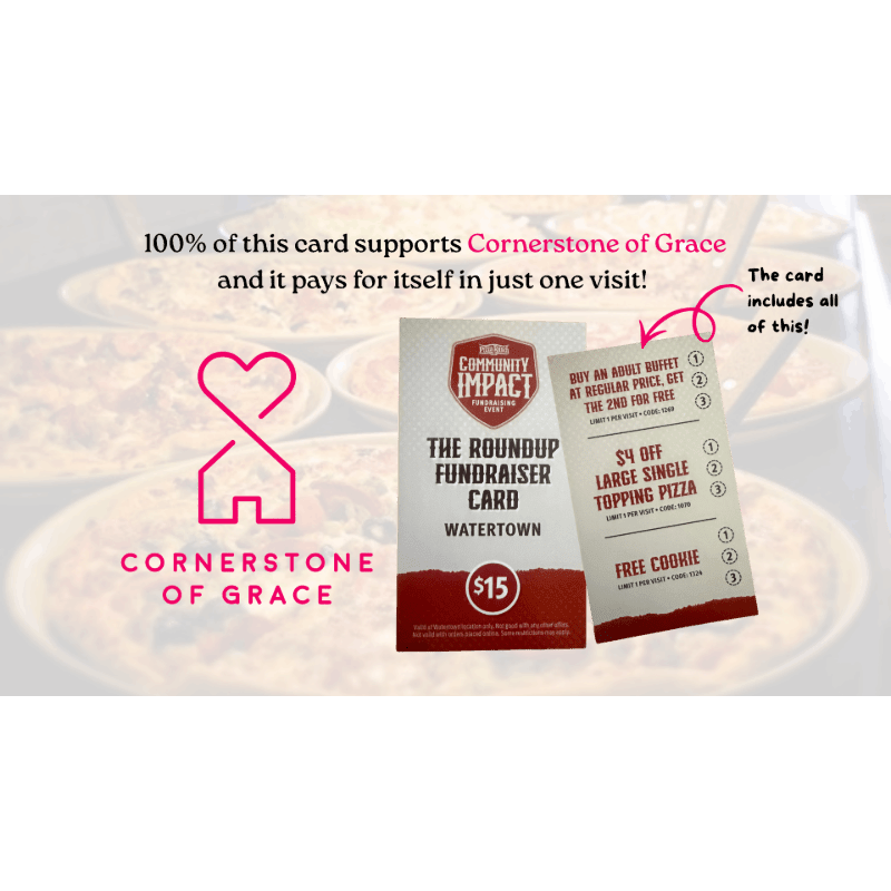 A promotional fundraiser card for Cornerstone of Grace sits in the foreground against a blurred background of several pizzas.