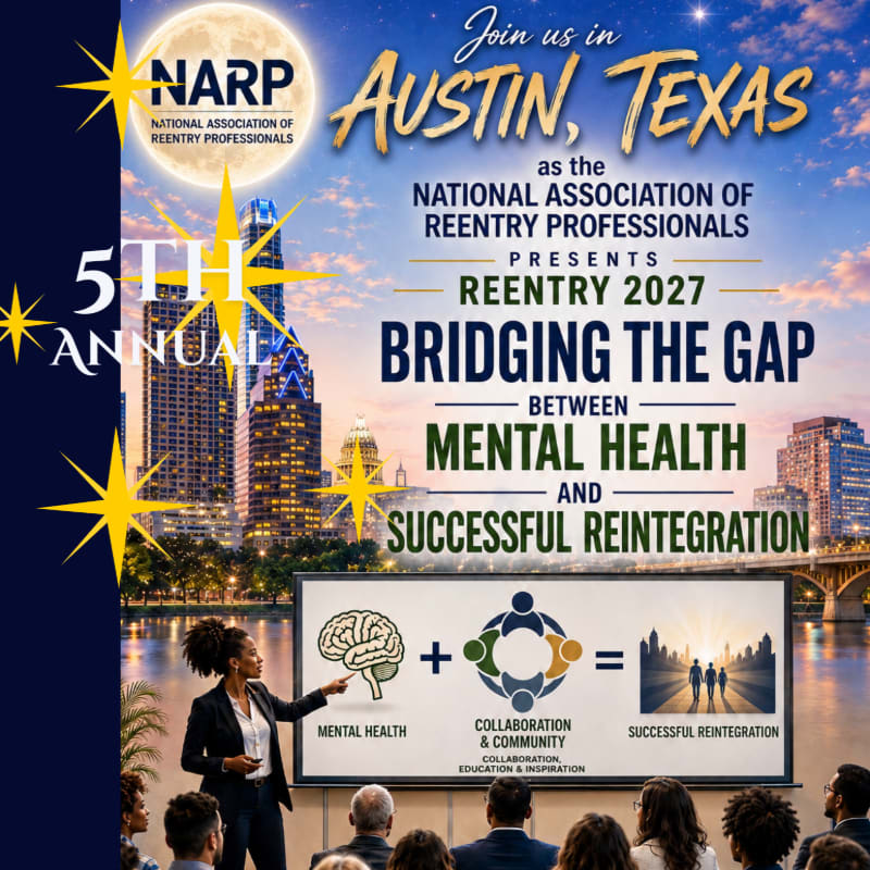 A woman presents a diagram on a screen to an audience in the foreground, set against a background of a city skyline under a starry night sky with promotional text for a reentry conference.