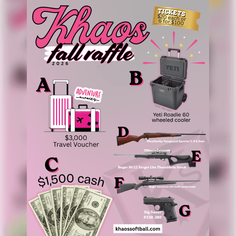 A promotional flyer for the "Khaos fall raffle 2026" features various prizes including a travel voucher, a Yeti cooler, cash, and firearms against a light pink and grey background.