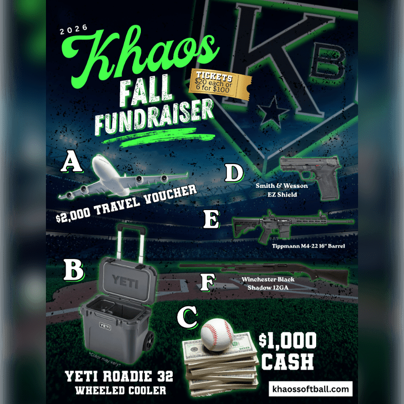 A promotional flyer for the 2026 Khaos Fall Fundraiser features various prizes like a travel voucher, firearms, a Yeti cooler, and cash in the foreground against a dark, stylized sports-themed background.