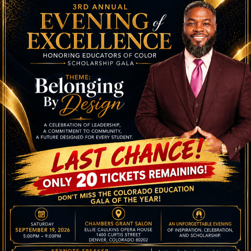 A smiling man in a maroon suit stands in the foreground of a promotional flyer for the "Evening of Excellence" gala, set against a dark background with gold accents and event details.