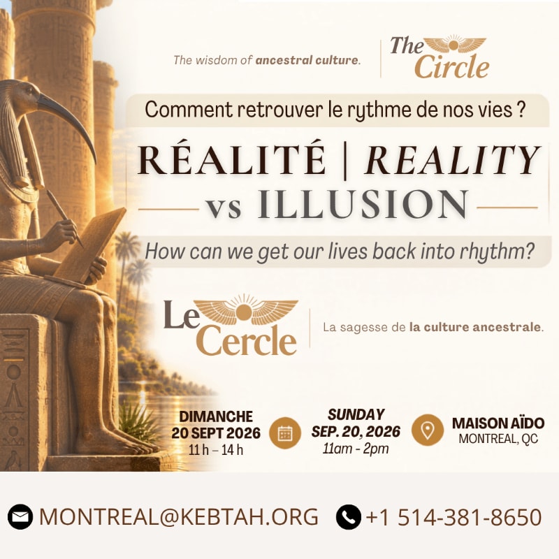 An Egyptian statue of Thoth sits in the foreground against a background of ancient columns and palm trees, flanking a promotional flyer for an event titled "Reality vs Illusion."