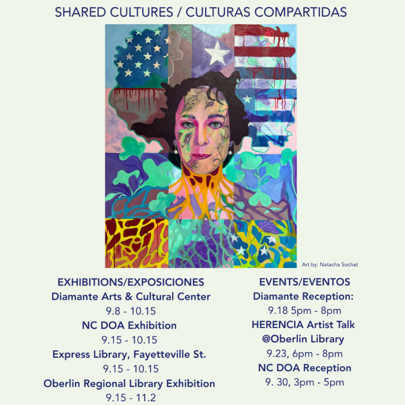 A vibrant portrait with abstract elements in the foreground is set against a light background listing art exhibition and event details.