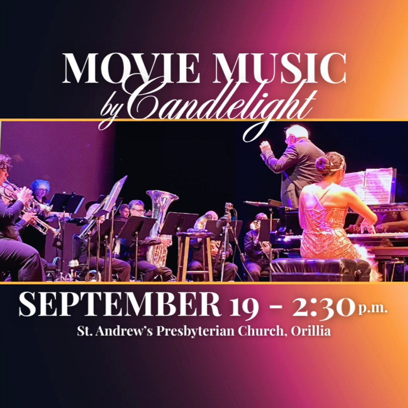 An orchestra and a pianist perform on a dark stage under colorful lighting, with event details displayed in text above and below the scene.